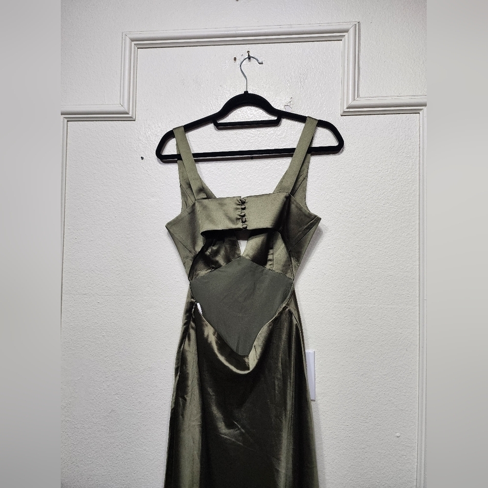 Lulus Unmatched Elegance Olive Satin Sleeveless Midi Dress Wedding Party Prom - Picture 9 of 9